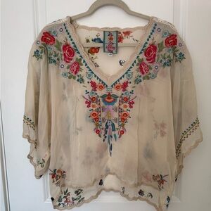 Johnny Was Cream Embroidered Boho V-Neck Tunic